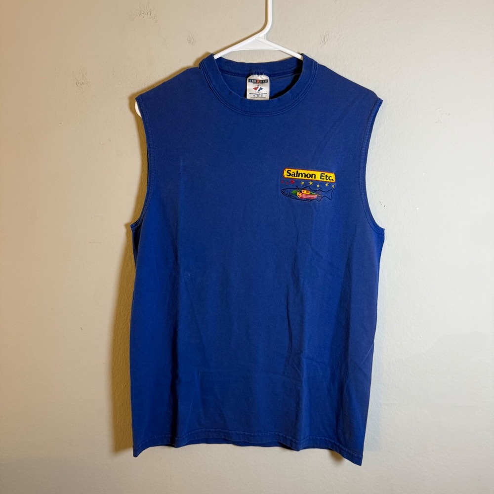 Vintage Jerzees Salmon Etc Embroidered Muscle Tee Blue Cotton Mens Medium